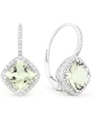 Natural 2.83ct Cushion-Cut Green Amethyst Gemstone & Diamond Earring Set In 14K White-Gold Lever-Back