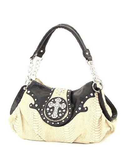 Beige Animal Print Rhinestone Cross Extra Large Hobo Purse