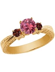 0.99 Ct Round Pink Diamond Red Garnet 14K Yellow Gold 3-Stone Ring