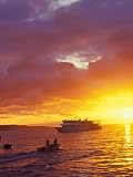 Dinghy Going to Ship at Sunset, Galapagos Islands, Ecuador Stretched Canvas Poster Print