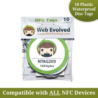 NFC Tags - Android & Blackberry Compatible (Pack of 10 Plastic NTAG203 Stickers - WATERPROOF)