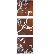 Contemporary Aluminum and Wood Triptych, Birds and Botanicals