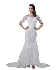 V-neck Floor Length Mermaid Elbow Length Sleeves Lace Natural   Waistline  Dress with a Chapel Train 