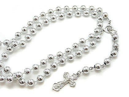 Catholic Rosary Prayer Beads with Crucifix - Beaded Silver Tone 30 Necklace