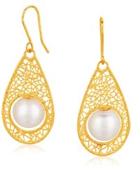 Italian Design 14K Yellow Gold Crochet Teardrop Earrings with Cultured Pearl