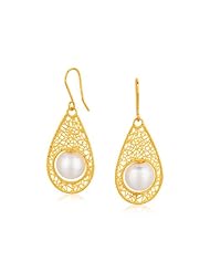 Italian Design 14K Yellow Gold Crochet Teardrop Earrings with Cultured Pearl