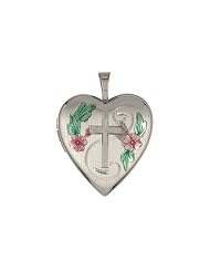 Sterling Silver Heart Shape Cross Design Sterling Silver Locket With Colored Flower Accents