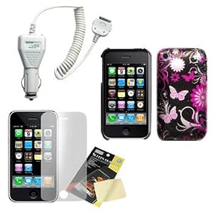 Butterfly Hard Case / Cover / Shell, LCD Screen Guard / Protector & Car Charger for Apple iPhone 3G 3Gs