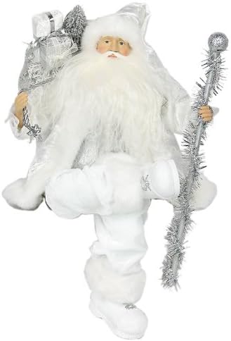 16" Christmas Holiday White/Silver Sitting Santa Claus W/Staff and Presents - Y11605