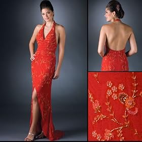 Formal Evening Gown. Silk Beaded Halter Dress for Prom, Party, Wedding by Sean Collection (70088)