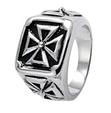 9MM Polished Stainless Steel Biker Ring with Gothic Cross over Black Plated Center and Two Additional Crosses on each Side