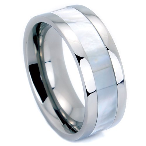 6-8mm High Polish Titanium Ring Wedding Band w/ Mother of Pearl Inlay Sizse 5 to 14 - Serene