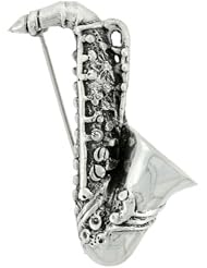 Sterling Silver Saxophone Brooch Pin, 1 13/16 inch wide