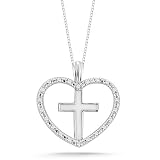 10k White Gold White Enamel Heart and Cross with Diamonds Pendant (0.07 cttw I-J Color, I2-I3 Clarity), 18"