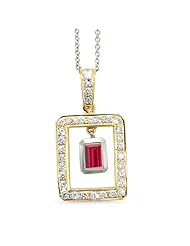 Twin Rectangular Shaped Diamond Pendant In 18K Yellow Gold With A 0.70 ct. Genuine Ruby Center Stone.