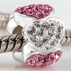 Love Hearts with Pink and Clear Austrian Crystal Authentic 925 Sterling Silver Bead Fits Pandora Chamilia Biagi Troll Charms Europen Style Bracelets