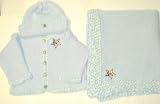 Knitted on Hand Knitting Machine Blue Cotton Hand Crochet Finished with Blue Chenille Infant Boys Cardigan, Hat Set Trimmed with Star American Flag and Matching Large Blanket