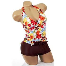 Cute Sexy Colorful 2 pc Bathing Suit Multi Color Floral Halter Tankini Swimsuit with Boyshorts