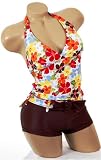Cute Sexy Colorful 2 pc Bathing Suit Multi Color Floral Halter Tankini Swimsuit with Boyshorts