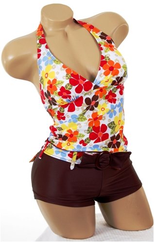 Cute Sexy Colorful 2 pc Bathing Suit Multi Color Floral Halter Tankini Swimsuit with Boyshorts
