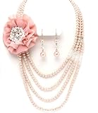 Pink Pearl with Chiffon Fabric Flower Broach Accent Necklace