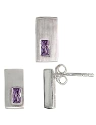Sterling Silver Matte-finish Rectangular Earrings (11mm tall) & Pendant Slide (11mm tall) Set, w/ Emerald Cut Amethyst-colored CZ Stones