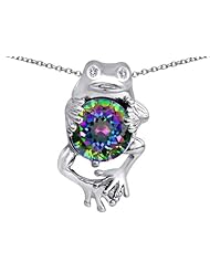 Original Star K (tm) Good Luck Frog Holding Round 10mm Rainbow Mystic Topaz Pendant in 925 Sterling Silver