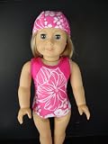 Pink One Piece Swim Suit in Pink with White Floral Design Complete with Towel and Swim Cap Designed for 18 Inch Doll Like the American Girl Dolls