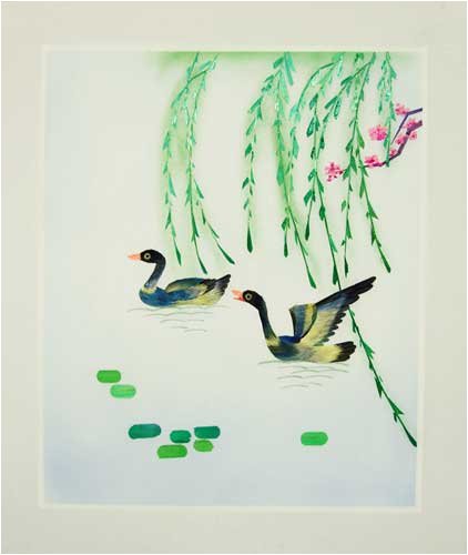 Ducks Wading by Willow - Chinese Woven Wheat Stalk Picture, Hand Crafted