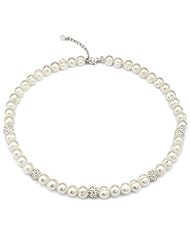 8-9mm White Freshwater Pearl with CZ Beads 16.5"+2" Extended Chain Necklace. Secured with Sterling Silver Lobster-claw-clasp.