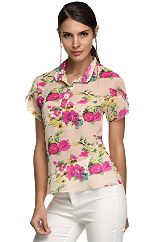 Finejo Women Short-Sleeve Slim Ladies Floral Print Chiffon Shirt Blouse
