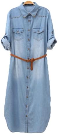 CrazyPomelo Distressed Rivet Denim Long Shirt Dress With Leather Belt For Women-Medium