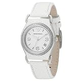 Armani Ladies Watches Swarovski Crystals around Bezel, White Perforated Leather Strap + Leather Covers Steel Case, White Date Dial AR3155