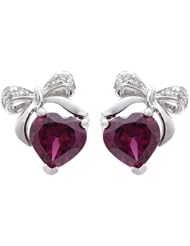 14k White Gold 2.06ct Ribbon on Top Diamond & Heart Red Rhodolite Stud Earrings