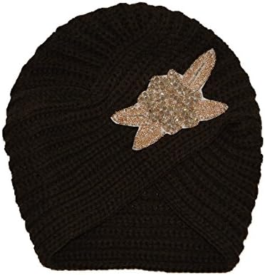 Turban Hat Women Headband Winter Warm Soft Knit Turban With Flower Beanie Cap (Coffee)