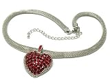 Red Silver Glamorous Crystal Valentine Heart Pendant Mesh Chain Necklace Jewelry