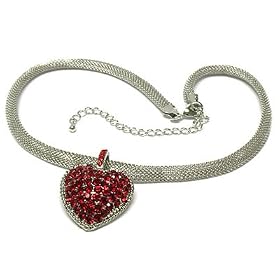 Red Silver Glamorous Crystal Valentine Heart Pendant Mesh Chain Necklace Jewelry