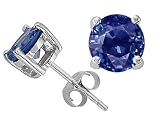 1.50 cttw Genuine Round 5.5mm Sapphire Earring Studs in 14k White Gold
