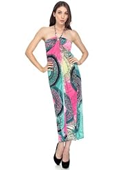 Halter Summer Cotton General Print Ankle Length Keyhole Shirred  Dress