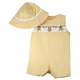 Petit Ami Newborn Boys Monkey Smocked Seersucker Sunsuit Romper with Hat