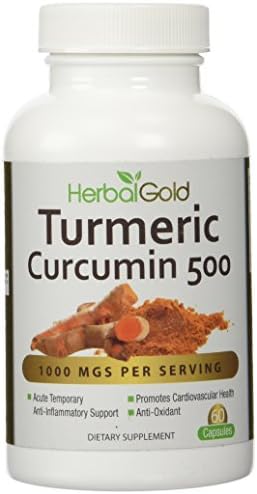 Turmeric Curcumin by Herbal Gold - Pure Extract - 1000 mg per serving - Best Alternative Herbal Supplements / Remedies to Arthritis Joint Pain Relief Medications - Powerful Antioxidant and Anti Inflammatory - Natural, Nutritional Superfood - Supports Liver and Brain Function - Made in USA with Fresh Extract! (60 caps per bottle)