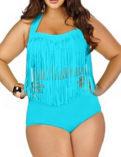 Papaya Wear Women's Retro High Waist Braided Fringe Top Bikini Swimwear Plus Size,Blue ,Large