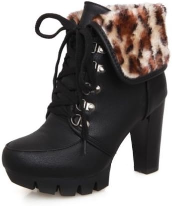 BeanFashion Womens Close Round Toe Platform Leopard Pattern Lace-up Closure Chunky Heels Ankle High Boots, Black, 10 B(M) US