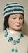 Three Strand Turquoise Beads on Fine Turquoise Beads Medium Chain Necklace Earrings Offered with Hand Crocheted Turquoise and White Stripe Gimp Skull Cap
