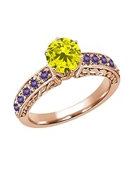 1.04 Ct Round Canary Diamond Purple Amethyst 925 Rose Gold Plated Silver Ring