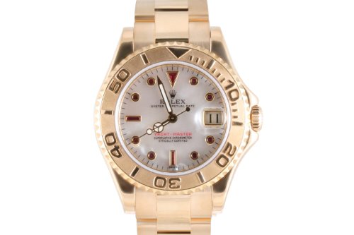 Rolex Ladies Yellow Gold Yachtmaster White Mother Of Pearl Ruby Serti Dial
