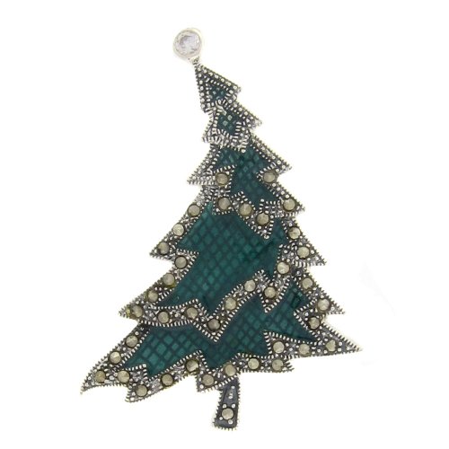 Sterling Silver Marcasite Evergreen Enamel Christmas Tree Brooch
