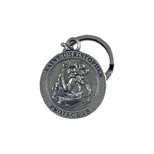 Cast Pewter Round St. Christopher Medal Key Ring with Bright Cut Accents. 1-1 4 Stainless Steel...