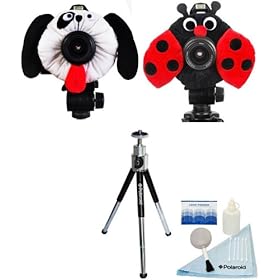 Camera Creatures Look-at-me Portrait Posing Prop Kit - Black Ladybug with red wings, Dapper Dog + 8 Mini Tripod With Pan Head and a 5 Pc. Lens Cleaning Kit