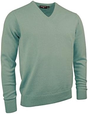 Glenmuir Scotland Men's 100% Lambswool Plain V-Neck Sweater-Duckegg-Medium